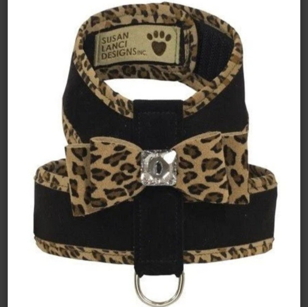 Susan Lanci Two Tone Big Bow Tinkie Harness in Black with Cheetah